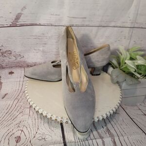 Salvatore Ferragamo Women's Gray Suede Mary Jane T-strap Kitten Heel Shoe Sz 10A